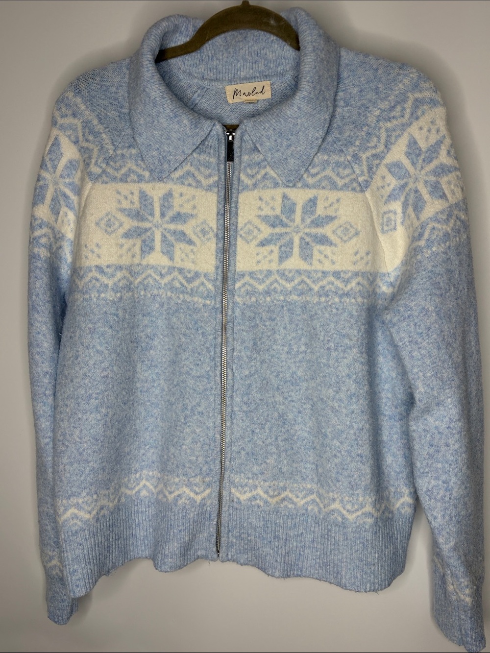 Marled Light Blue & Cream Zip-Front Snowflake Cardigan XL